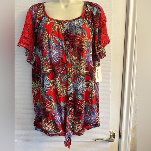 New York Laundry short sleeve blouse with crochet trim on sleeves. Sz 2X NWT A10 - Picture 1 of 9